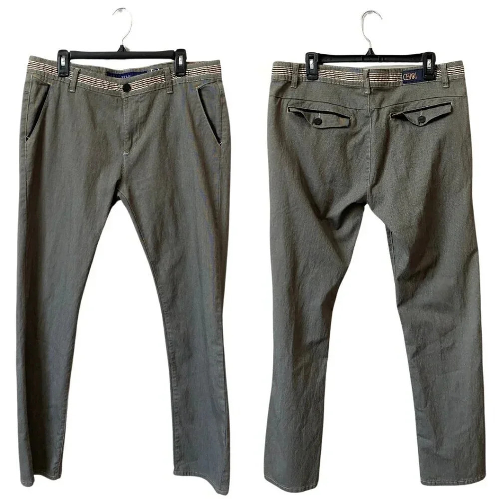 Cesari London Men's 36x32 Flat Front Chinos Dress Pants Trousers Gray Stylish